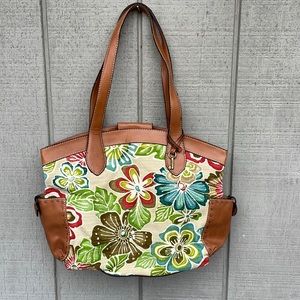 Fossil large canvas and faux leather shoulder bag